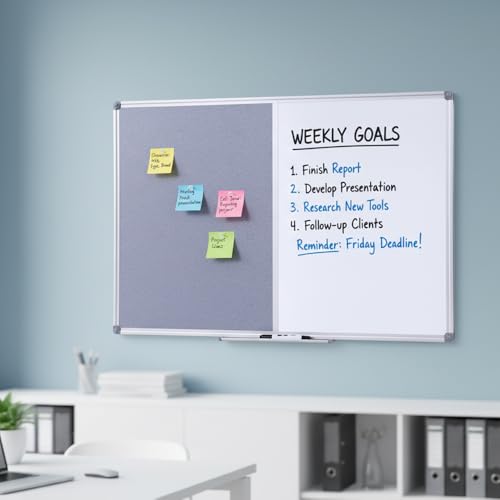 36 x24 inch Cork & Dry Erase Combo Board - Magnetic Whiteboard & Grey Bulletin Board for Office, Home, Classroom | Wall-Mountable with Aluminum Frame & Pen Tray - size: 36" x 24"