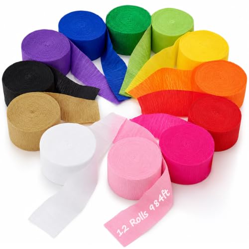 MAQIHAN Crepe Paper Streamers - 12 Rolls 984ft Rainbow Streamers Party Decorations, Birthday Party Streamers, Party Supplies for Colorful Party Wedding Baby Shower Halloween Christmas Decorations