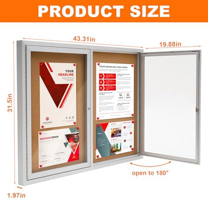 Enclosed Bulletin Board,Outdoor Bulletin Board,43.3 * 31.5’’ Lockable Cork Noticeboard with Aluminum Frame,Weatherproof Display Cases for School, Office,Commercial