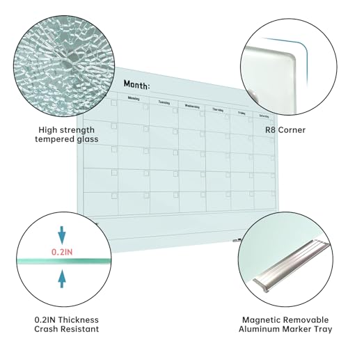Magnetic Monthly Calendar Glass Whiteboard - Glass Dry Erase Board 48"x36" Large Frameless Glass Board for Walls Office School and Home - color: Mothly-c, size: 48" x 36"