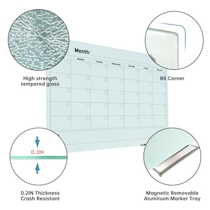 Magnetic Monthly Calendar Glass Whiteboard - Glass Dry Erase Board 48"x36" Large Frameless Glass Board for Walls Office School and Home - color: Mothly-c, size: 48" x 36"