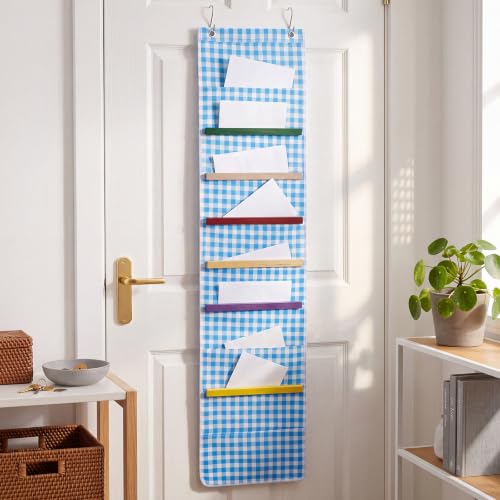 MotiMind 10 Pockets Wall Hanging File Folders File Storage Pocket Chart for Classroom Hanging Wall Organizer with 2 Over the Door Hangers, 58" x 14" for School Classroom Office Home (Blue Plaid) - style: Blue Plaid