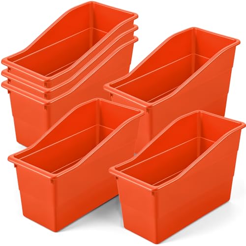 6 Pack Book Bins for Classroom Library, Storage Organizer Bins Holders, 11.4 x 5.5 x 7.4 Inch Durable Plastic Containers for School, Office, Kitchen & Home Organization (Orange) - color: Orange