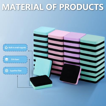 XKDOUS 35 Pack Square Magnetic Dry Erase Eraser, 2x2 Inch Small Whiteboard Eraser for Kids & Classroom, Mini White Board Eraser, Effective Dry Erase Board Eraser for Teachers & Students (4 Colors) - color: Blue,green,pink,purple-square