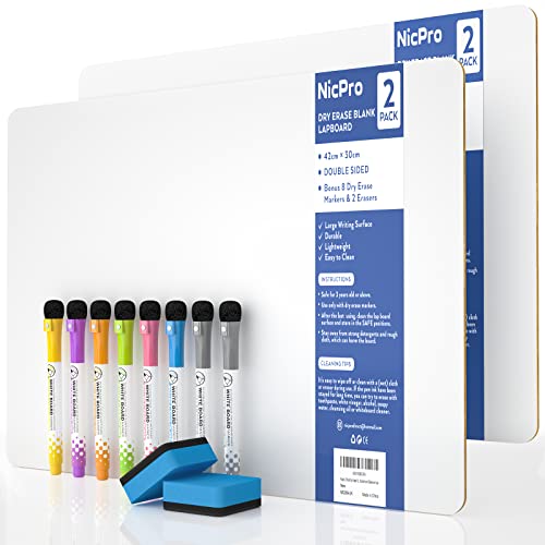 Nicpro Small Dry Erase Lapboard, 2 Pack Small White Board 12''x 16'' Mini White Board Double Sided with 8 Water-Based Pen, Portable Whiteboards for Kids Students Teachers Classroom Homeschool Supplies - color: White, size: 2 Pack 12 × 16 inches