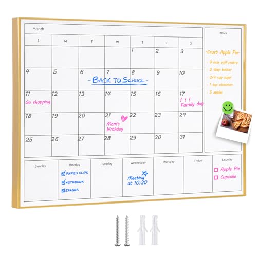 3-in-1 Dry Erase Calendar for Wall with Golden Aluminum Frame, 17x 13 inches Magnetic Monthly & Weekly Calendar Whiteboard, Dry Erase Board for Wall for Decor/Memo(YL+ZL-Gold,4333) - size: 17"W x 13"H