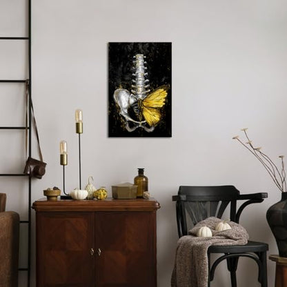 iKNOW FOTO Anatomical Spine Wall Art with Gold Butterfly 16x24 Inch Medical Skeleton Canvas Print for Doctor Office Nurse Station Physical Therapy Clinic Decor Ready to Hang