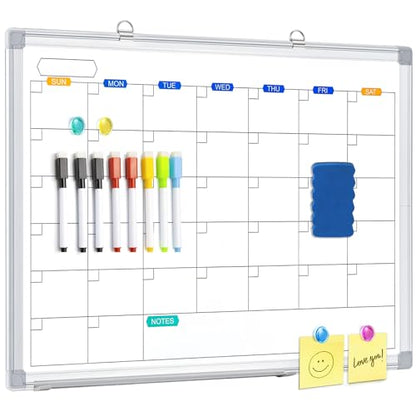 Dry Erase Calendar Whiteboard for Wall, 24" x 18" Magnetic Monthly White Board Calendar Dry Erase, Wall Hanging Aluminum Frame with Tray for Home, School, Office - size: 24" x 18" Silver Frame