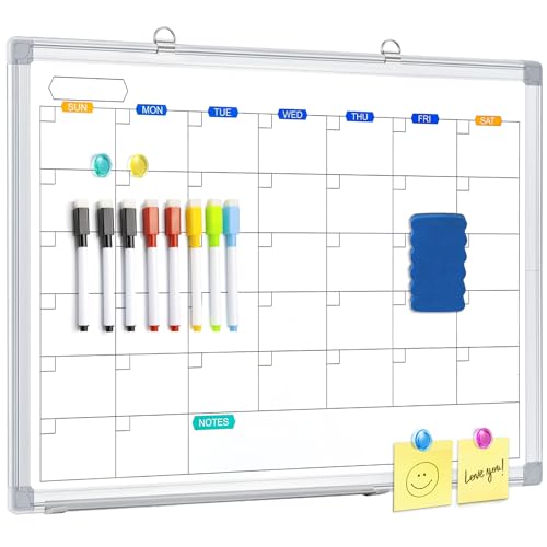 Dry Erase Calendar Whiteboard for Wall, 24" x 18" Magnetic Monthly White Board Calendar Dry Erase, Wall Hanging Aluminum Frame with Tray for Home, School, Office - size: 24" x 18" Silver Frame