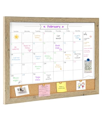 Dry Erase Calendar Whiteboard for Wall, Small Combination Magnetic Dry Erase White Board & Bulletin Board, 13" x 17" Rustic Brown Frame Calendar/Cork Combo Board(RB-3343) - color: Rustic Brown, size: 13“×17”