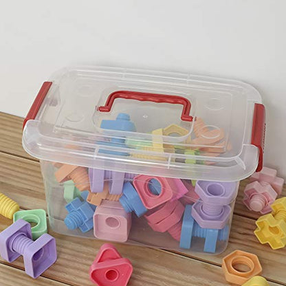 5 L Plastic Storage Bin with Lid, Clear Transparent Box With Red Handles Set of 6 - color: Red