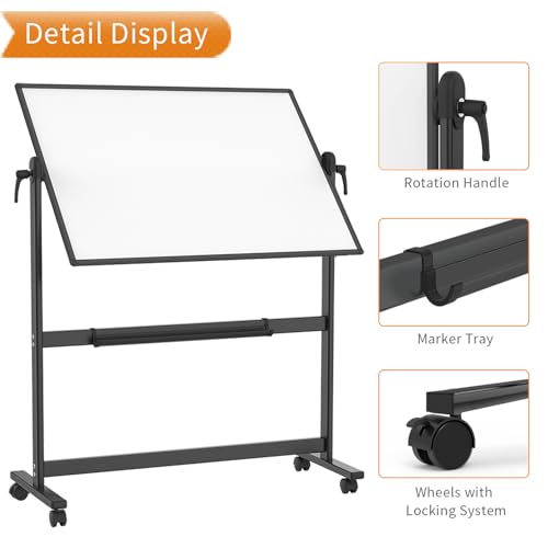 VIZ-PRO Double-Sided Magnetic Mobile Whiteboard, 48 x 36 Inches, Black Aluminium Frame and Stand - size: 48"W x 36"H