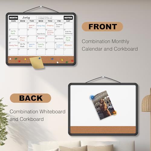 Monthly Calendar Dry Erase Board 16x12 Inch, Double-Sided Whiteboard and Corkboard Combo with Black Plastic Frame, Wall Mounted Planner Organizer with Markers, Magnets, Push Pins, Eraser - size: 16"W x 12"H, style: Black Plastic Frame