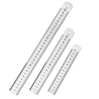 DTDNZKN 3 Pack Stainless Steel Ruler Set - Includes 6 inch (15 cm), 8 inch (20 cm), and 12 inch (30 cm) with SAE & Metric Measurements - for Drawing, Home, Office, and Engineering Use