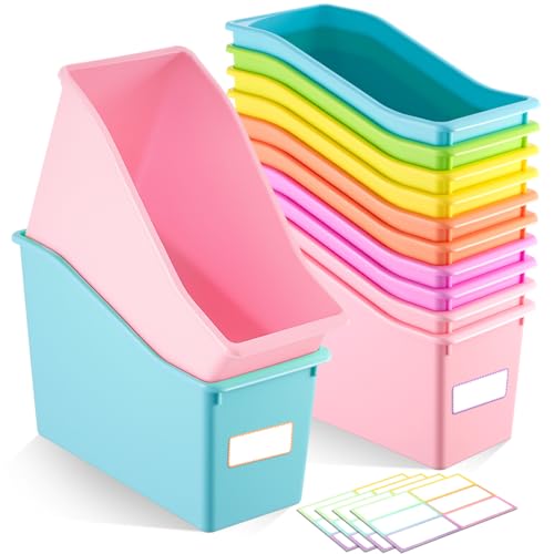 Geetery 6 Pcs Book Bin for Classroom with Labels Stackable Plastic Organizing Bins 11.5 x 5.4 x 7.5 in Book Holders Storage Bins Box Baskets for Classroom Library Home (Pastel Color) - color: Pastel Color