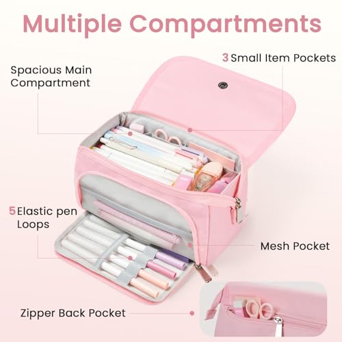 Sooez Super Large Pencil Case, Big Capacity Pencil Bag with 3 Compartments, Hold 200 pencils, Cute Pencil Pouch with Zipper, Portable Stationery Pen Bag, Aesthetic School Supplies For Girls, Pink - color: Pink