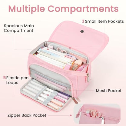 Sooez Super Large Pencil Case, Big Capacity Pencil Bag with 3 Compartments, Hold 200 pencils, Cute Pencil Pouch with Zipper, Portable Stationery Pen Bag, Aesthetic School Supplies For Girls, Pink - color: Pink