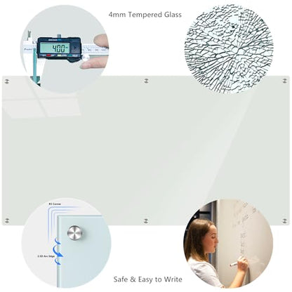 Glass Whiteboard 6' x 3', Magnetic Glass Dry Erase Board Frameless Wall Mounting, Large White Board for Office Home & School - size: 6' x 3'