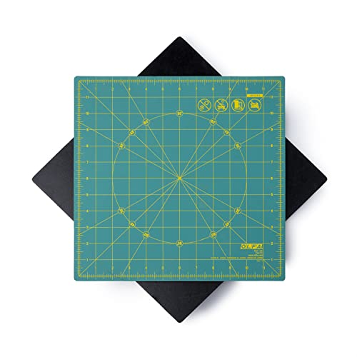 OLFA 12" x 12" Rotating Cutting Mat (RM-12S) - Self Healing 12x12 Inch Square Rotary Mat with Grid for Fabric, Sewing, Quilting, & Crafts, Rotates 360 Degrees, Use with Rotary Cutters (Green) - size: 12"L x 12"W