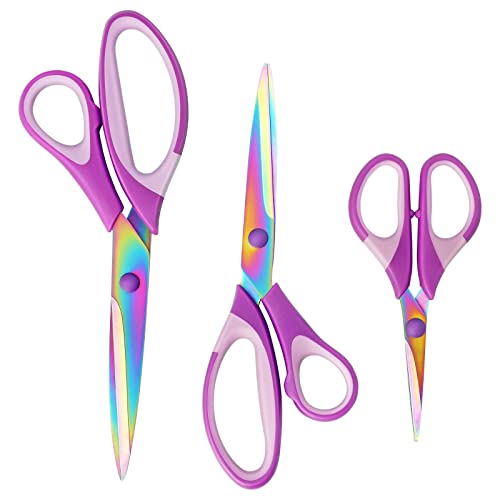 Scissors, 3 Pack Multi-Purpose Scissors Set with Titanium-Coated Blades & Rubber Soft Grip Handle, Perfect for Crafting, Office, School, and Home, Purple - color: Purple