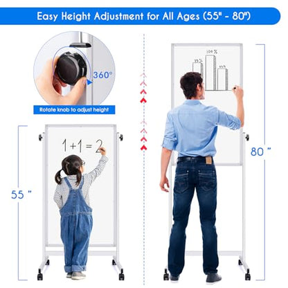 maxtek Rolling White Board, 48 x 24 Height Adjustable Whiteboard on Wheels, Large Magnetic Standing Mobile Easel Board, Double-Sided with Stand for Office, Home, and Classroom - style: 24X48 in Silver