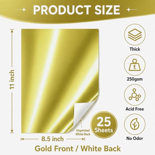 25 Sheets Metallic Gold Cardstock Paper Cardstock 8.5 x 11 Shimmer Sheets 250gsm/92lb Heavyweight Scrapbook Paper for Certificates, Invitations, Greeting Cards, Crafts, Graduations - color: Gold