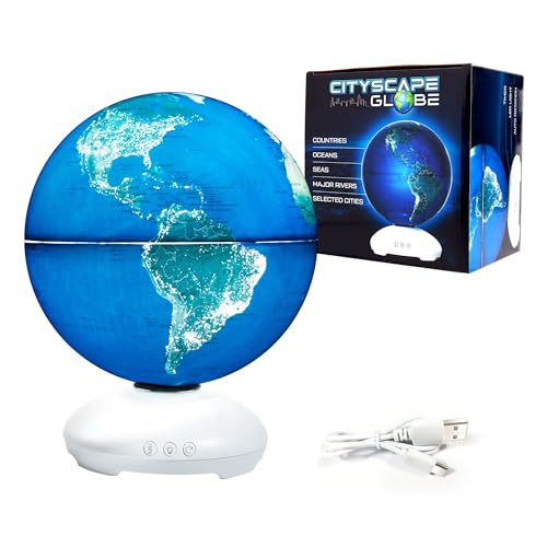 USA Toyz Cityscapes Illuminated Globe for Kids Learning STEM - Globe with Stand, 3 Sleep Settings, Auto Rotation, LED Desk or Night Stand Light Lamp, Educational World Globes for Kids 8+, 10” Tall - size: 7.9" Diameter