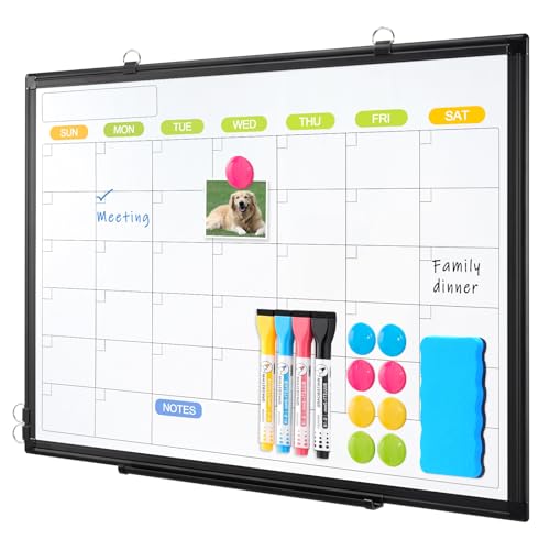 Dry Erase Calendar Whiteboard for Wall, WALGLASS 24" x 18" Magnetic White Board, Monthly Dry Erase Calendar with Black Aluminum Frame, Double-Sided Hanging Portable Board for Office, Home, School - color: Monthly-black, size: 24"W x 18"H