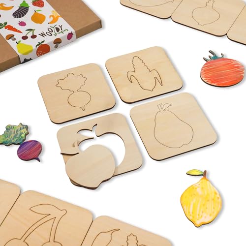 NAKLEO Wooden Stencils for Kids, Set of 20 Pcs 3.7x3.7” Fruits Vegetables, Montessori Children Templates Educational Toy Creative DIY Decoration Arts and Crafts Painting Paper Wood Fabric - color: Fruits & Vegetables