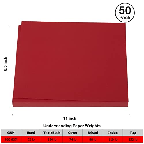 50 Sheets 8.5" x 11" Red Cardstock, Heavyweight Cardstock Sheets Blank Invitation Paper Greeting Cards Printable, 75lb Cover 200 GSM - color: Red