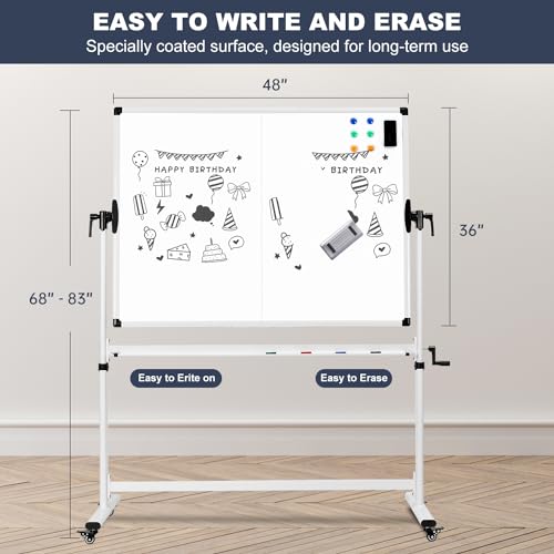 TANKEE Mobile Whiteboard 48 X 36 Inches Height Adjustable Large Standing White Board on Wheels, Rolling Double-Sided Magnetic Dry Erase Board for Office School Classroom Home - color: White, size: 48"x36"