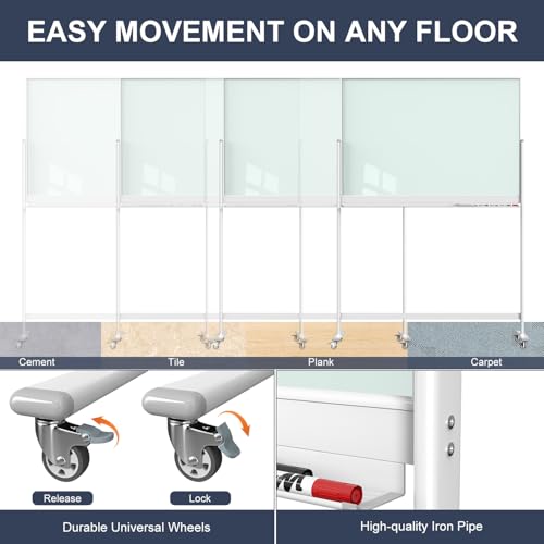 Tankee Rolling Whiteboard, 48x32 Inches Magnetic Glass Dry Erase Board with Stand, Standing White Board on Wheels, Large Glass Mobile Whiteboard for Office School Classroom Home Homeschooling - color: Magnetic Glass Board - W, size: 48"x32"