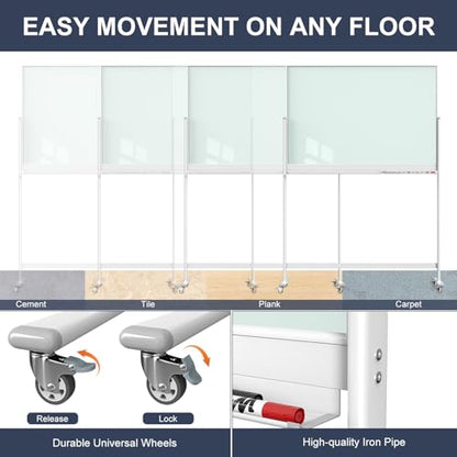Tankee Rolling Whiteboard, 48x32 Inches Magnetic Glass Dry Erase Board with Stand, Standing White Board on Wheels, Large Glass Mobile Whiteboard for Office School Classroom Home Homeschooling - color: Magnetic Glass Board - W, size: 48"x32"