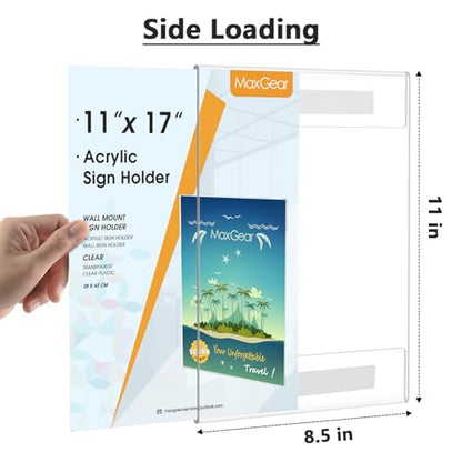 MaxGear Acrylic Sign Holder 11 x 17 Wall Mount with Tape, 6 Pack, Vertical | Strong Double-Sided Tape, Easy Insert and Replace Paper, Poster, Document and Flyer, Acrylic Frame for Office, Home, Store - size: 11"x17"-6Pack, style: Vertical