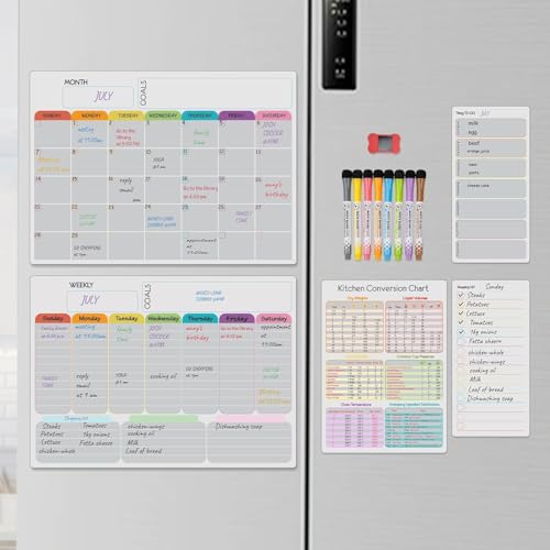 Hivillexun Magnetic Dry Erase Calendar Whiteboard Set (5-Pack) – Includes Monthly Planner, Weekly Planner, Meal Organizer, Conversion Chart, Shopping List – 8 Markers & Eraser for Family Organization - color: Grey Monthly/Weekly Planner Conversion Chart T