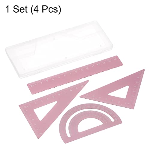 HARFINGTON 4pcs Geometry Set 15cm Metric Measure Laser Engraving Aluminum Ruler Metal Ruler Set Triangle Protractor Ruler Tool Set for Classroom, Office, Home, Pink - color: Pink