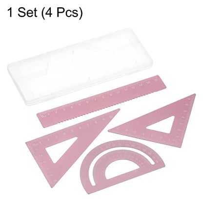 HARFINGTON 4pcs Geometry Set 15cm Metric Measure Laser Engraving Aluminum Ruler Metal Ruler Set Triangle Protractor Ruler Tool Set for Classroom, Office, Home, Pink - color: Pink