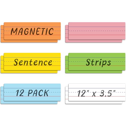 Attractivia Dry Erase Magnetic Sentence Strips for Teachers, Whiteboards & Classrooms - 12" x 3.5" - 12 Colored Sentence Strips - Practice Handwriting, Sight Words, Spelling and Math - color: Medium Length