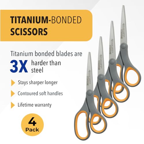 Westcott 8-Inch Titanium Bonded Straight Scissors, Soft Handle, Gray/Yellow, 4-Pack - size: 4-Pack