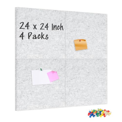 DOLLAR BOSS Felt Cork Board Tiles 4 Pcs 12"x12" Bulletin Board, Light Grey | 1/2" Thick, Self Adhesive, Acoustic Soundproof Panels for Walls, Includes 40 Pushpins, For Home Office Kitchen School - color: Light Grey, size: 4 PCS