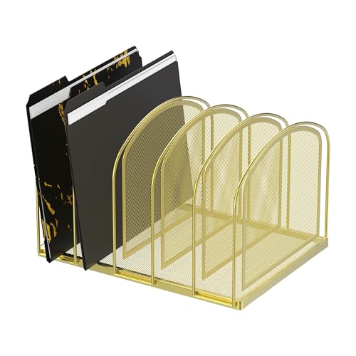 SUPEASY File Organizer for Desk, 5-Section Mesh Desk Organizer, Vertical File Holder Desktop Organizer File Sorter, File Folder Holder for Office Supplies, Gold - color: gold, size: 5 Section