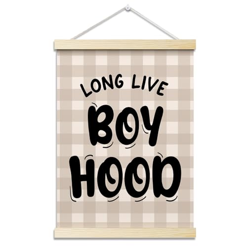 Long Live Boyhood Posters Hanger Frame for Boys Room Checkered Hanging Poster for Bedroom Kids Room Classroom Decor Wall Art Decor for Nursery Playroom Canvas Wall Art Print 16x12 Inches - YY043 - color: brown plaid boyhood 02