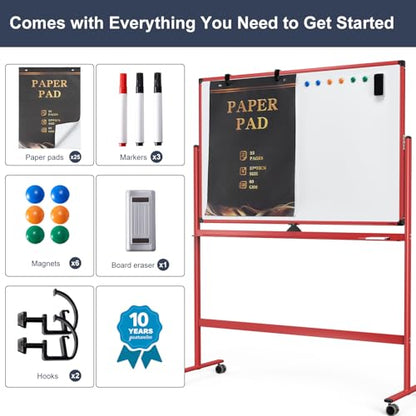 Rolling Whiteboard, 48x32 Inches Dry Erase Board with Stand, Magnetic Mobile Whiteboard on Wheels, Standing White Board for Office, School, Home, Large Double Sided White Board with Paper Pad - color: Red, size: 48"x32"