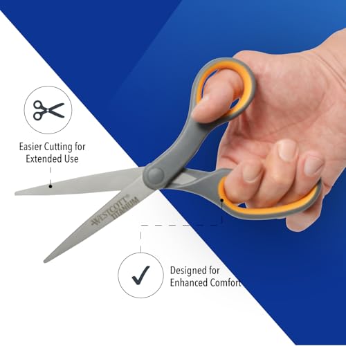 Westcott Titanium Bonded Scissors, Soft Handle, 8", Straight, Gray/Yellow, 6-Pack - size: 6-Pack