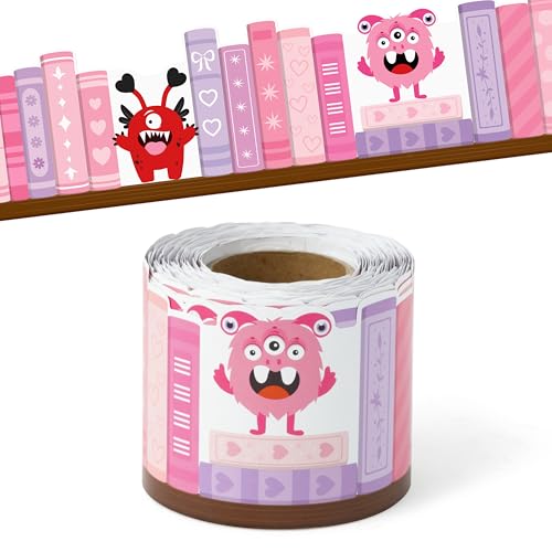 BeYumi Monster Bookshelf Border Trim - 65ft Back to School Monster Pink Books Rolled Border Trim Fun Monsters Pink Bookshelf Bulletin Board Set Library Classroom Office Chalkboard Party Decoration - style: Monster Pink Bookshelf