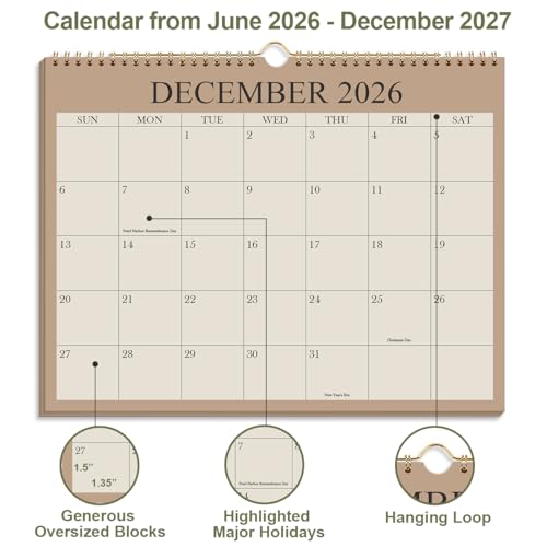 2026-2027 Calendar - Wall Calendar 2026-2027 from July 2026 Until December 2027,18 Months Calendar with Premium Paper, Twin-Wire Binding & Hanging Hook, 8.5" x 11", Green - color: Cyan, size: 8.5" x 11"