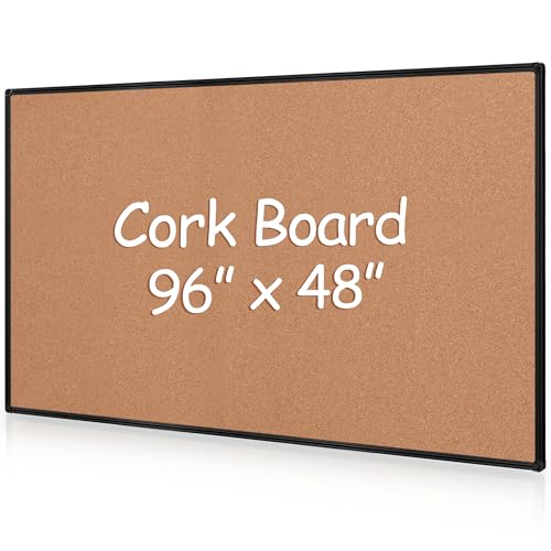 Extra Large Cork Bulletin Board 96" X 48", Black Aluminum Framed 8'x4' Corkboard for Wall, Wall Mounted Notice Pin Board with 18 Push Pins for School, Home & Office - size: 96" x 48"