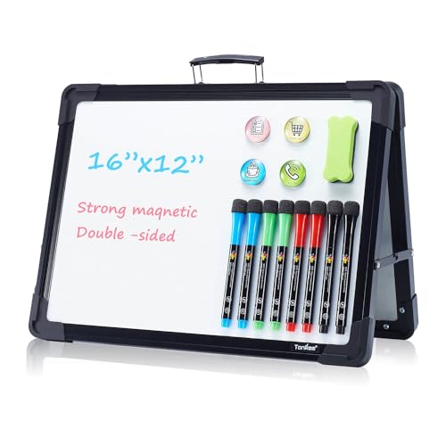 Small Dry Erase White Board – TANKEE Magnetic Desktop Foldable Whiteboard Portable Mini Easel Double Sided on Table Top with Holder for Drawing, Teacher Instruction, Memo Board - color: Black, size: 16"x12"