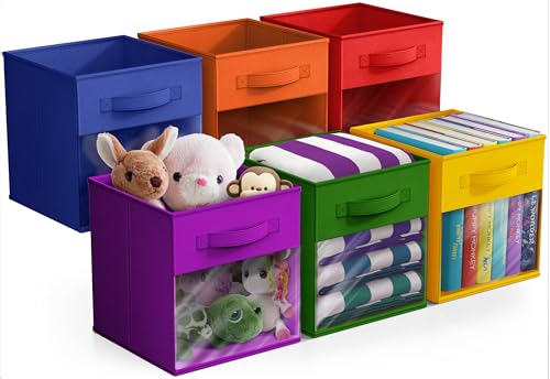 Sorbus 11 Inch Storage Bins with Clear Window - 6 Foldable Baskets for Organizing Clothes, Toys, Books - Sturdy Collapsible Fabric Storage Cubes with Handle - Storage Baskets for Shelves, Closets - color: Deep Rainbow with Window, size: 11 Inch