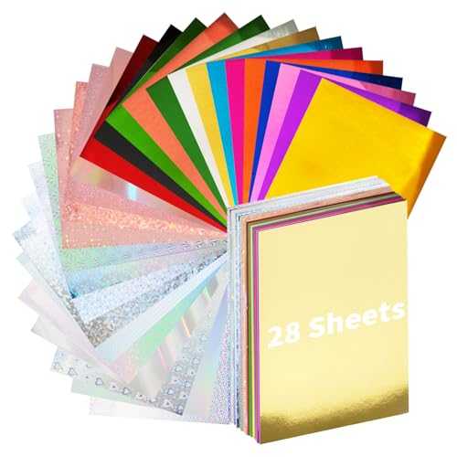 28 Pack Metallic Holographic Cardstock Paper Sheets 8" x 12" 250gsm/92lb | 28 styles Foil Mirror Shimmering Paper Cardstock For Arts and Crafts, Decorative, Invitations, Scrapbook Supplies - style: Metallic+Holographic